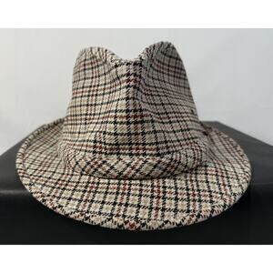 Plaid Fedora Hat Large 22.5" Houndstooth Tan Retro Trilby